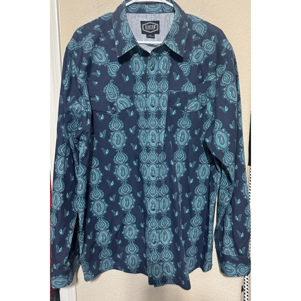 Gibson Mens Western Pearl Snap Shirt sz XL Paisley rodeo cowboy navy blue teal